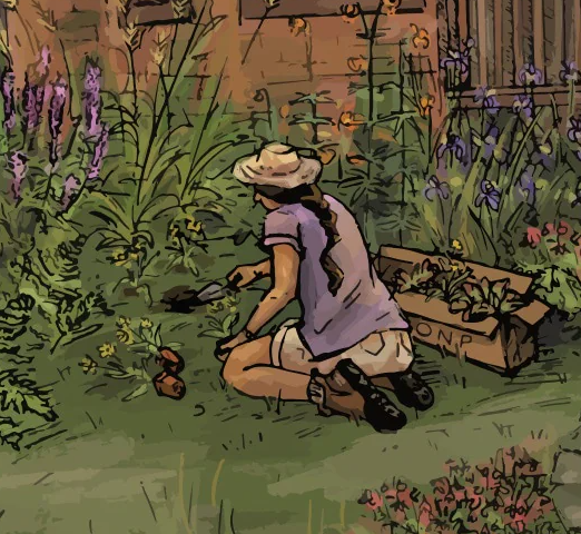 Ontario Native Plant's photo header. The hand-drawn image includes someone with long hair gardening around native plants with a cardboard box that says "ONP".