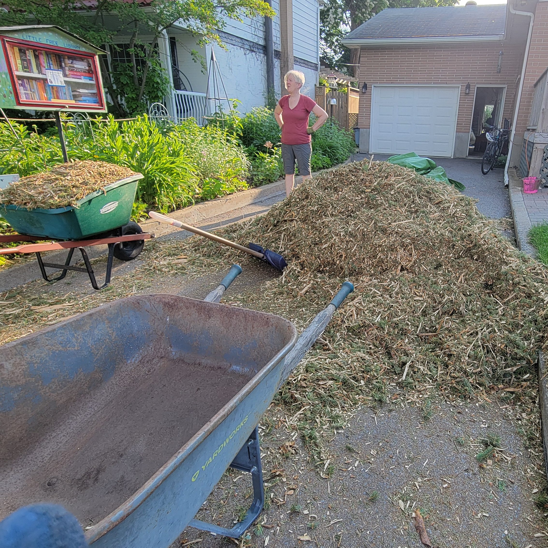 A mulch pile in a driveway with a wheelbarrow, some shovels, and Pam off to the side. 