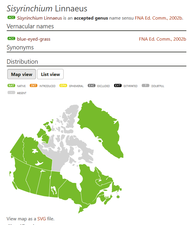 search results for blue-eyed-grass which includes a map of canada coloured to show where the plant is native to.